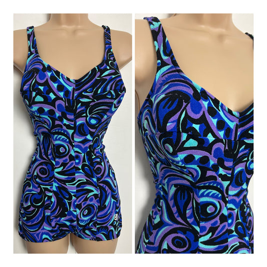 Vintage 1960s LUSA Size 14 Blue Blue & Pink Psychedelic Abstract Print Underwired Swimsuit