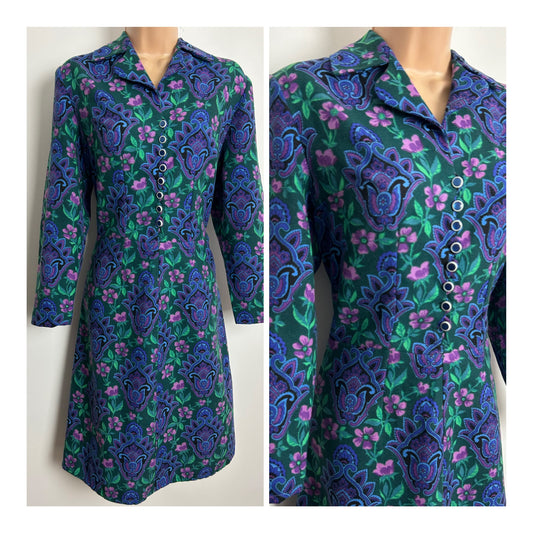 Vintage 1970s Size 12 Dark Green Pink & Purple Nouveau Floral Print Long Sleeve Day Dress