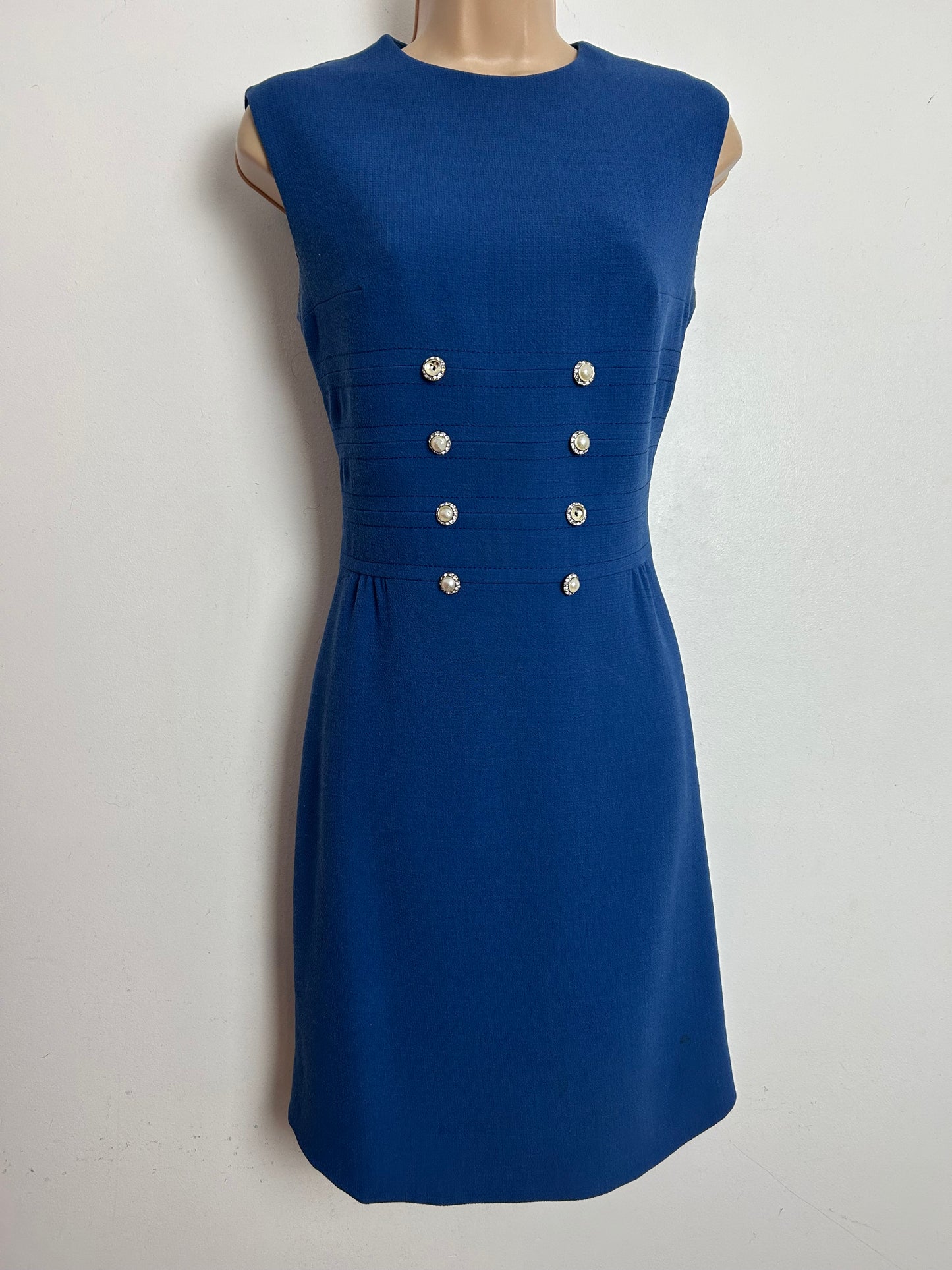 Vintage 1960s HEROS MODELL Size 8-10 Dusky Blue Pearl & Diamante Button Detail Mod Dress