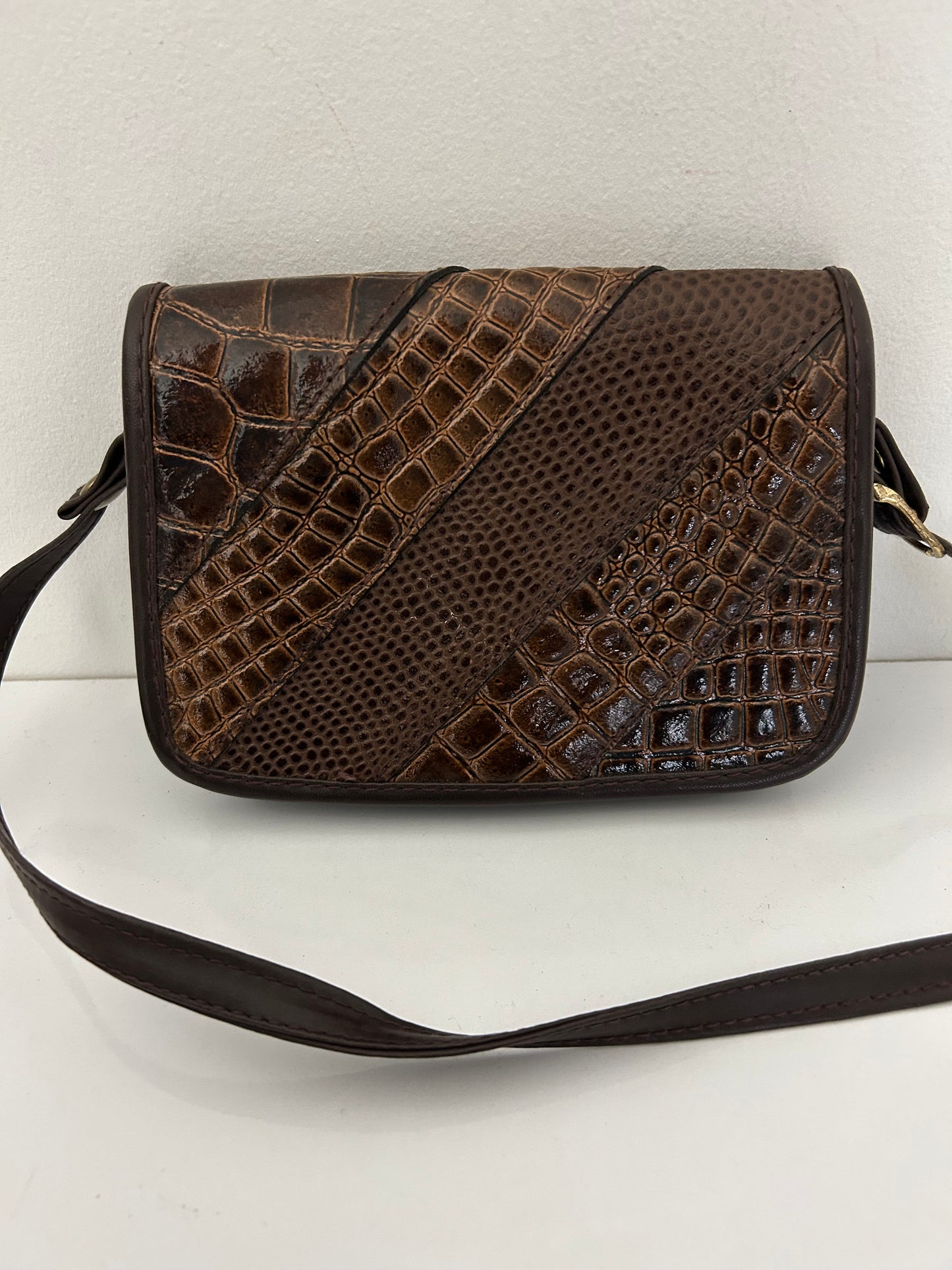 Vintage 1980s Brown Faux Reptile Leather Small Cross Body Handbag