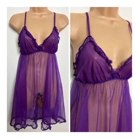 Vintage 1970s UK Size 6 Purple Semi Sheer Strappy Sexy Baby Doll Negligee Nightie Nightdress Slip