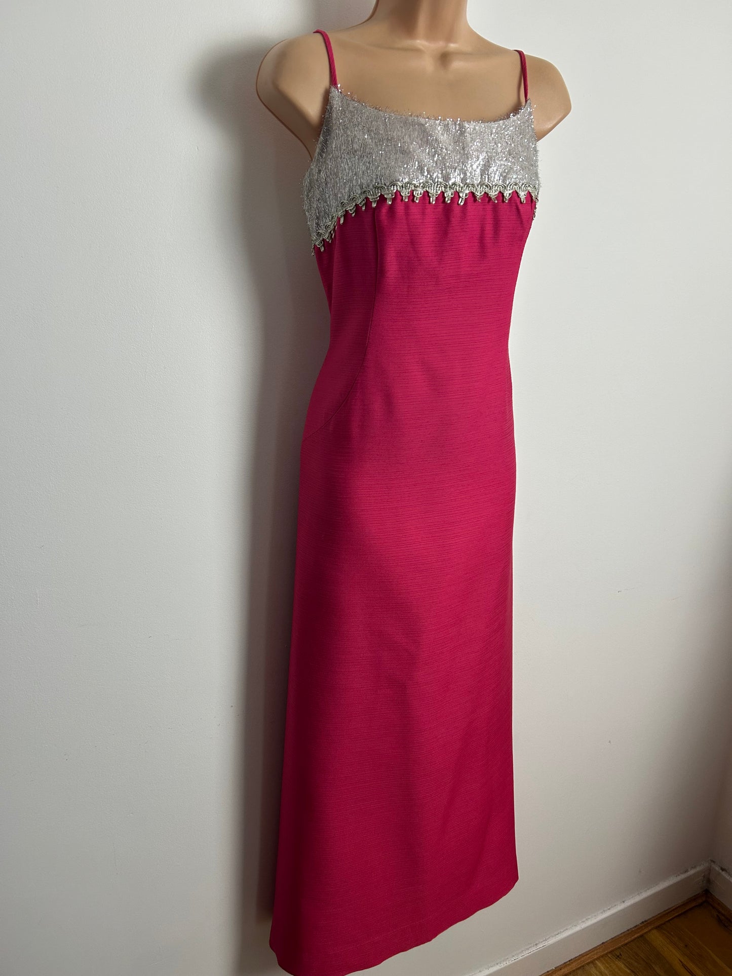 Vintage Early 1960s BLANES Size 10-12 Hot Pink & Silver Tinsel Evening Occasion Dress & Matching Jacket