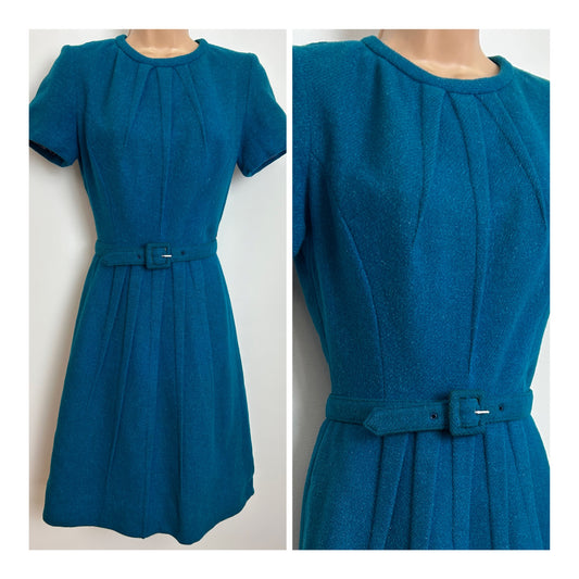 Vintage 1960s Size 8 Gorgeous Peacock Blue Wool Short Sleeve Pleated Detail Belted Dress