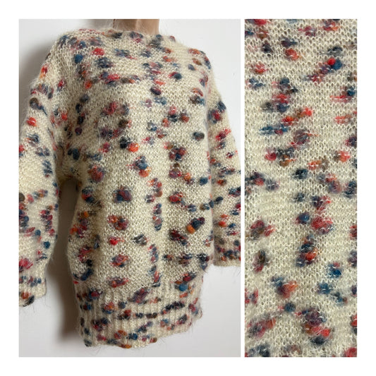 Vintage 1980s Homemade Up To Size 14 Winter White Orange & Blue Chunky Knit Mohair Mix Bobble Jumper