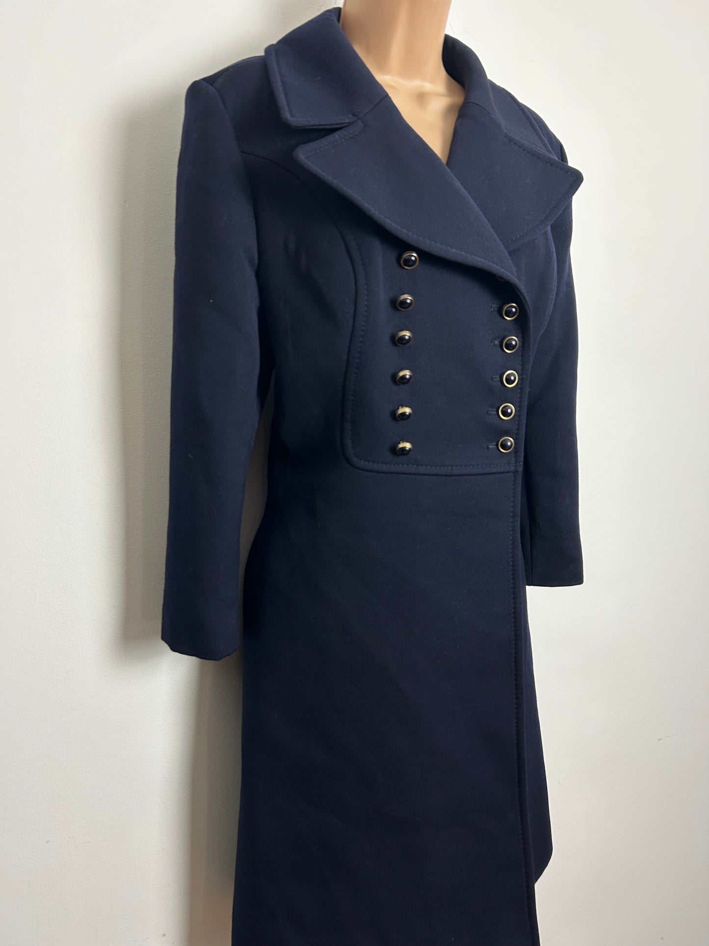Vintage 1970s KEMPER Size 12 Navy Blue Pure New Wool Double Breasted Military Style Pea Coat