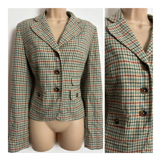 Vintage Y2K ANN TAYLOR LOFT Size 10 Beige Blue & Red Check Print Wool Mix Blazer Jacket