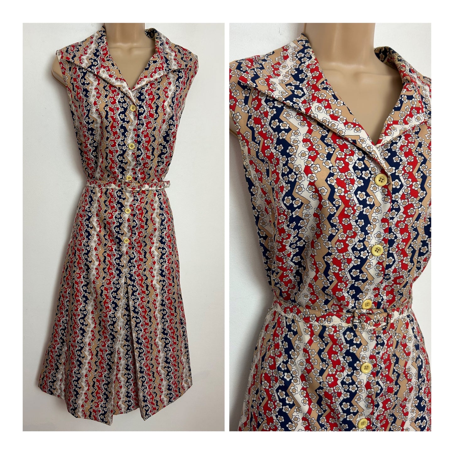 Vintage 1970s C&A UK Size 14-16 Sandy Beige Blue Red & Cream Zig Zag Stripe & Floral Print Belted Mod Dress