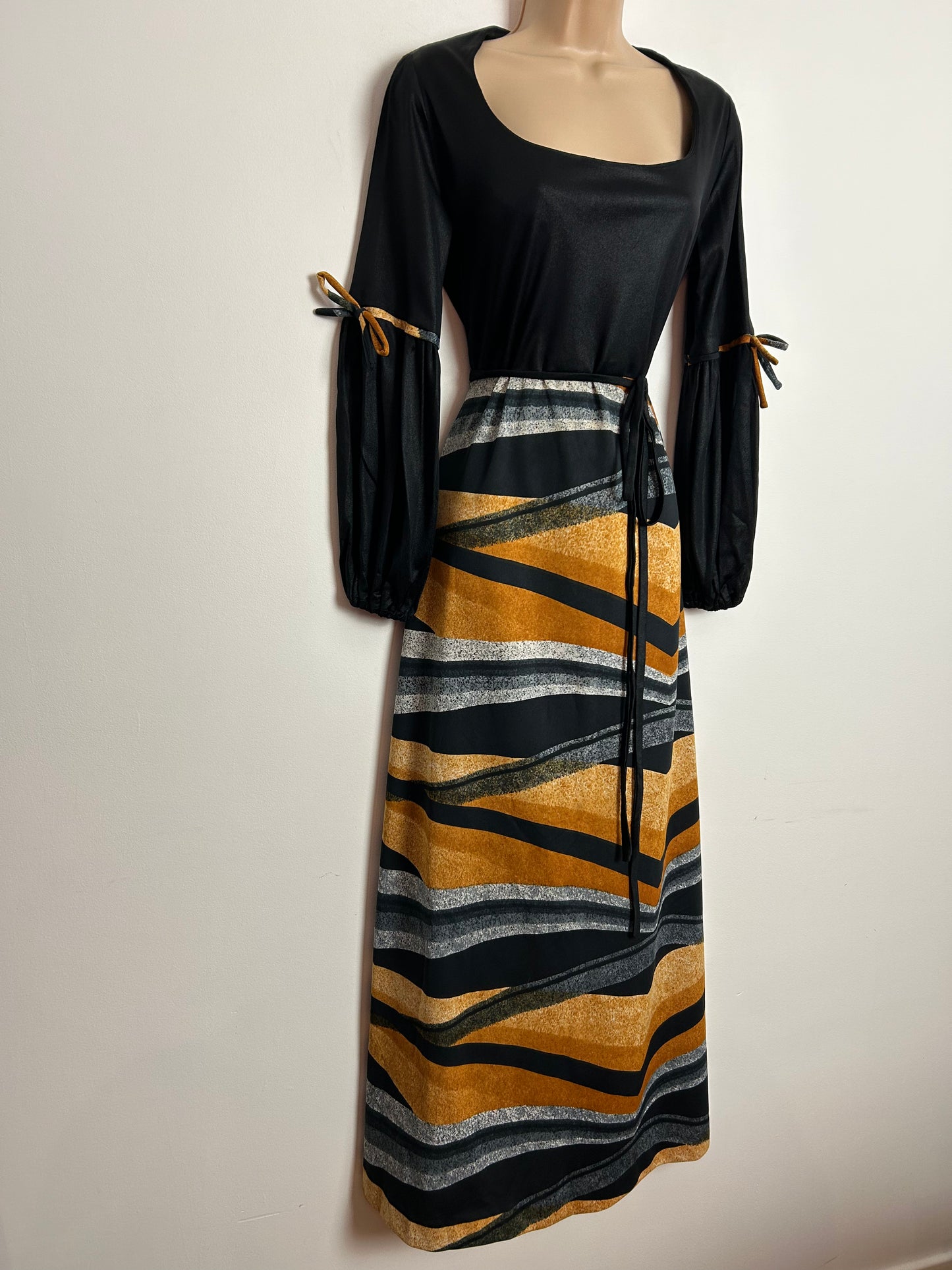 Vintage 1970s UK Size 12-14 Black Grey & Sandy Beige Stripe Juliet Sleeve Belted Maxi Dress