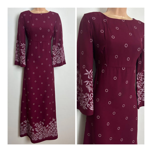Vintage 1970s Size 6 Maroon & White Floral Spot & Butterfly Print Long Sleeve Maxi Dress