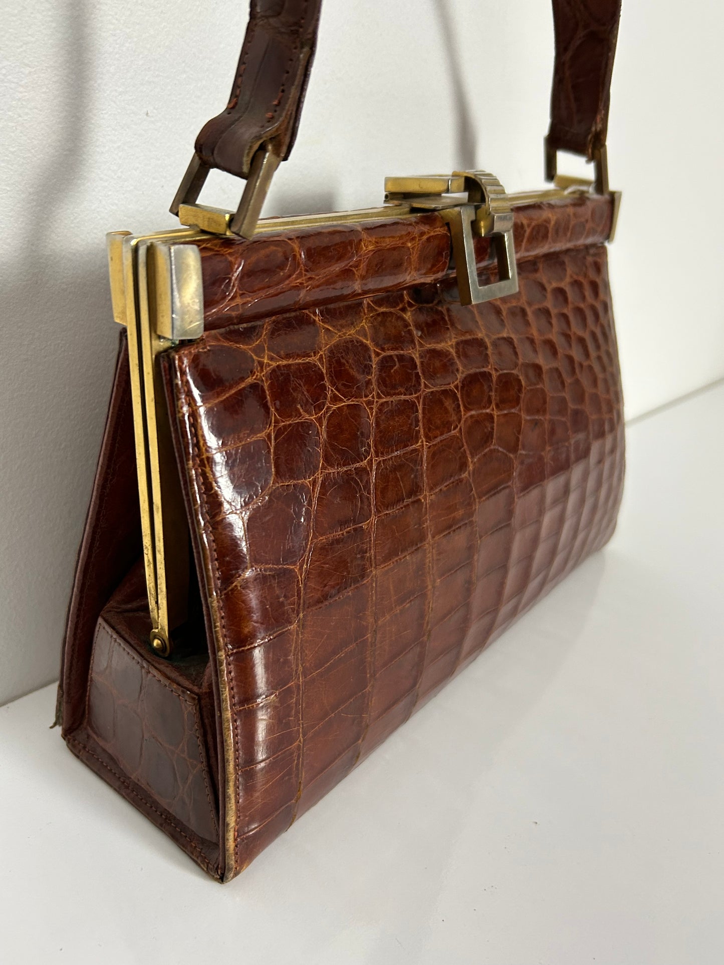 Vintage 1950s Brown Leather Reptile Kelly Box Style Handbag