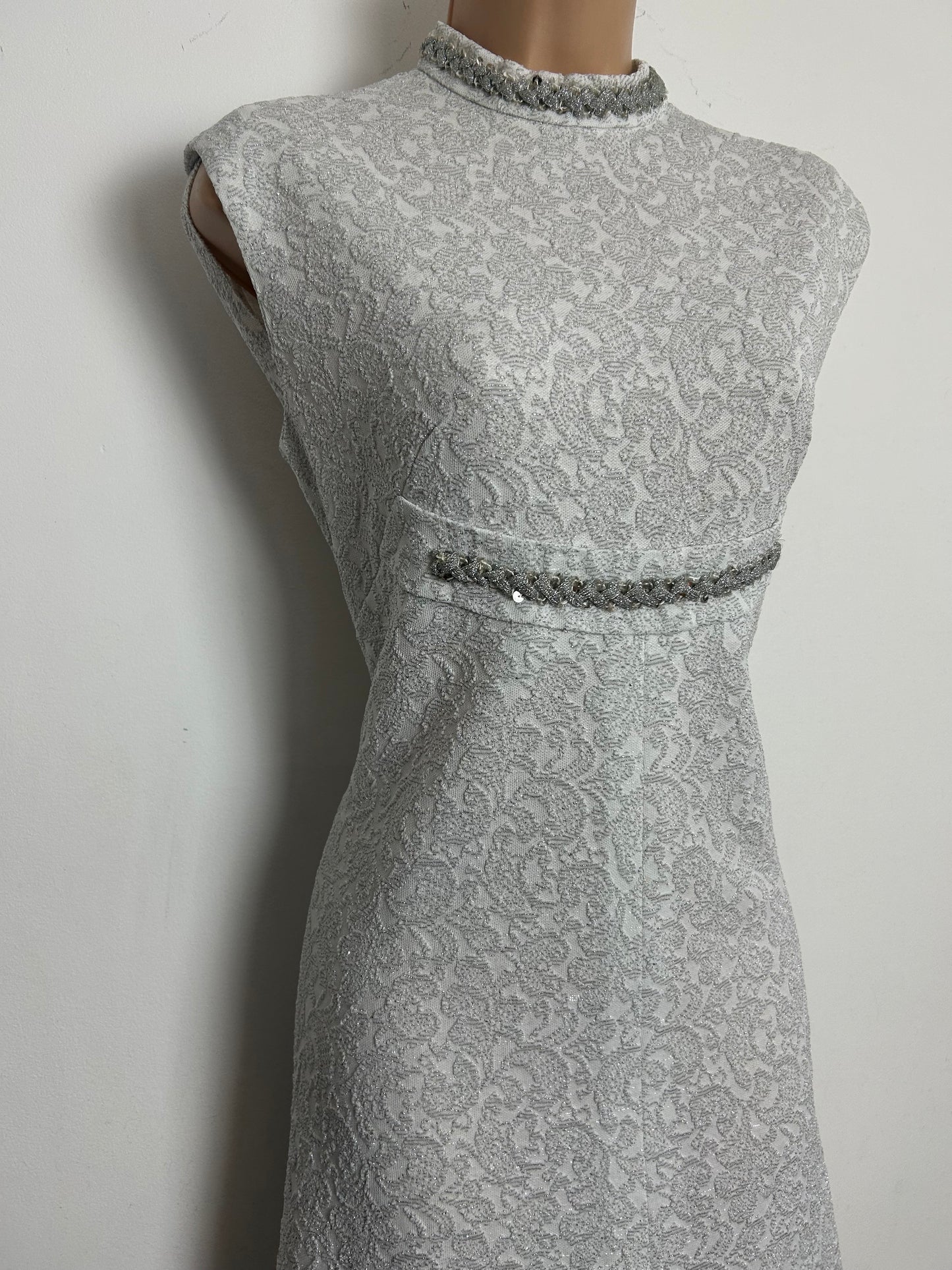 Vintage 1960s Size 12 White & Metallic Silver Braid Trim Crimplene Occasion Evening Maxi Dress