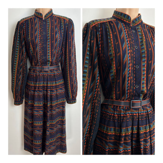 Vintage 1970s WINDSMOOR Size 16 Dark Blue Orange & Dark Green Abstract Stripe Print Long Sleeve Pleated Belted Dress
