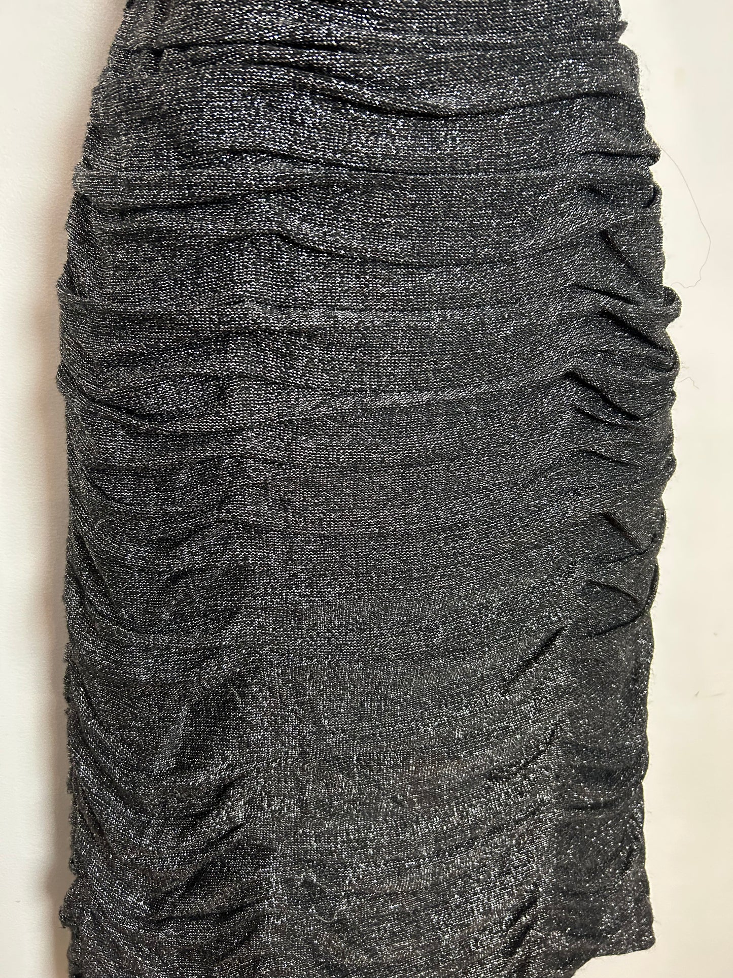 Vintage 1960s UK Size 8 Black & Silver Glittery Lurex Ruched Detail Party Evening Cocktail Dress
