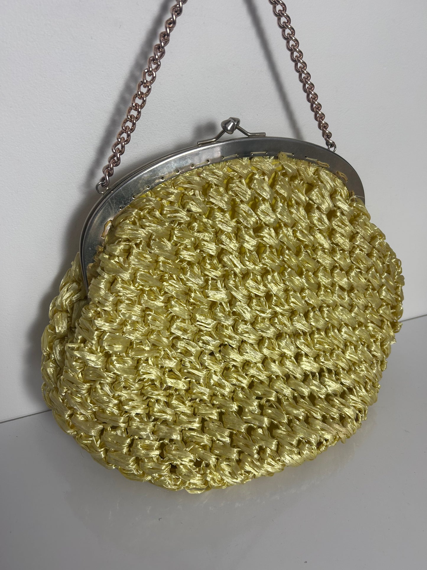 Vintage 1960s Large Lemon Raffia Style Woven Handbag With Small Silver Chain Strap.