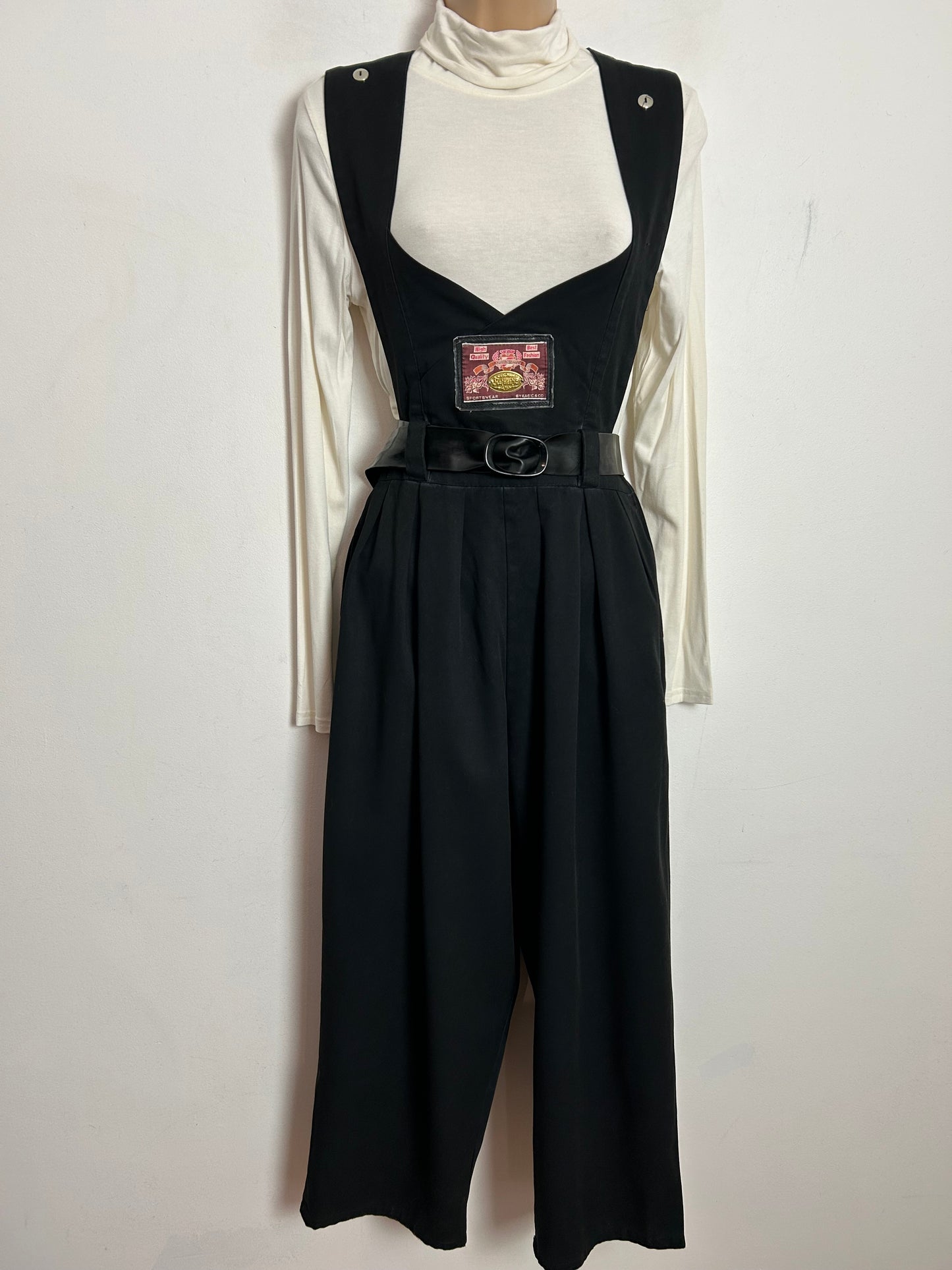 Vintage 1980s UK Size 10 Black Low Front Wide Straps Belted Cropped Wide Leg Jumpsuit