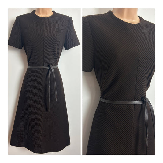 Vintage 1960s JAEGER Size 8-10 Chocolate Brown Chevron Texture All Wool Belted Mod Dress
