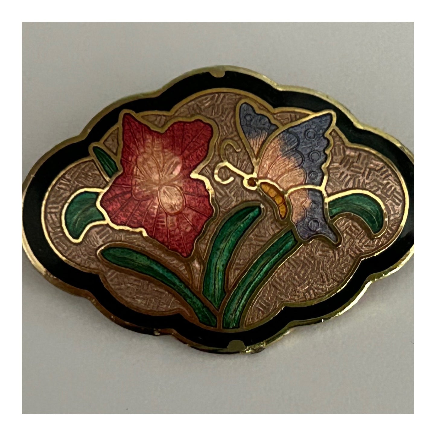 Vintage Pretty Gold Tone & Cloisonne Enamel Flower & Butterfly Pin Brooch