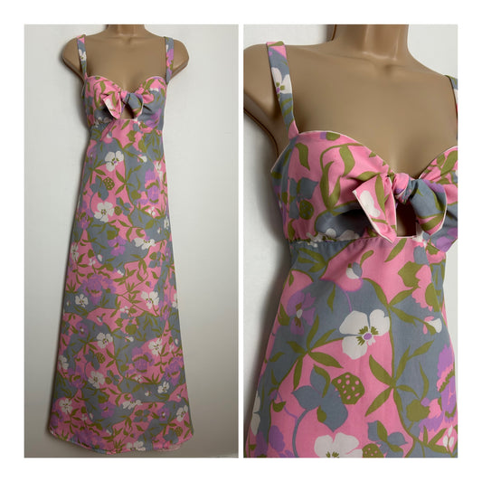 Vintage 1970s Size 12 Pink Blue Lilac & White Floral Print Tie Front Summer Maxi Dress