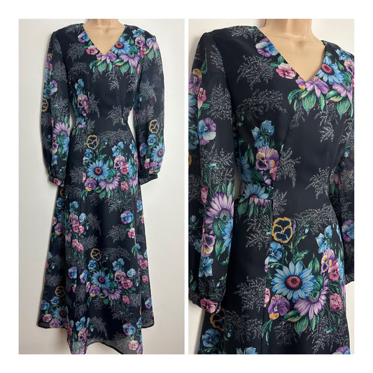Vintage 1970s UK Size 10 Black Blue & Purple Floral Print Long Sleeve Tie Back Maxi Dress