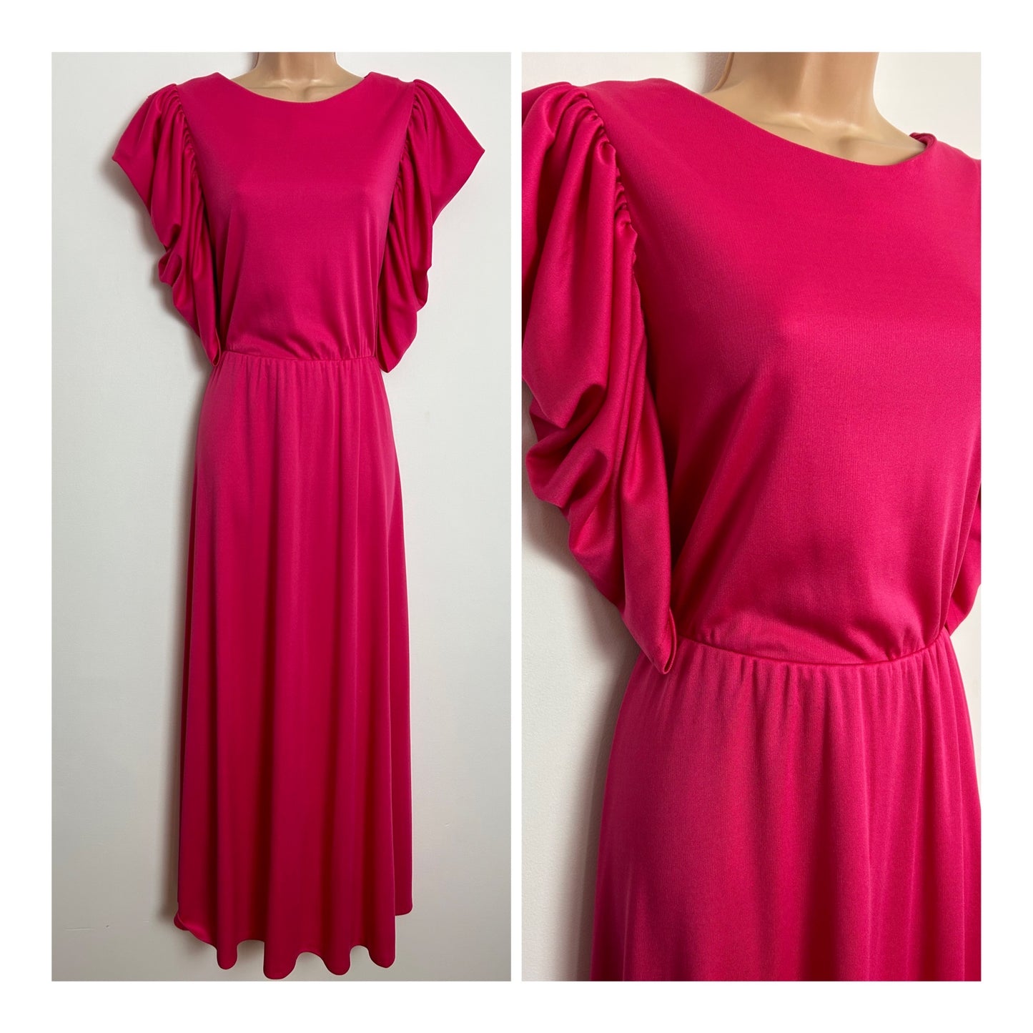 Vintage 1980s UK Size 12 C&A Hot Pink Pleated Draped Sleeve Occasion Maxi Dress