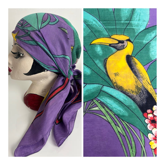 Vintage Purple Yellow & Green Floral Leaf & Bird Print Scarf 88cm x 90cm