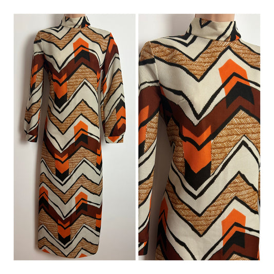 Vintage 1970s UK Size 10 Off White Orange & Brown Zig Zag Stripe Print Long Sleeve Column Maxi Dress
