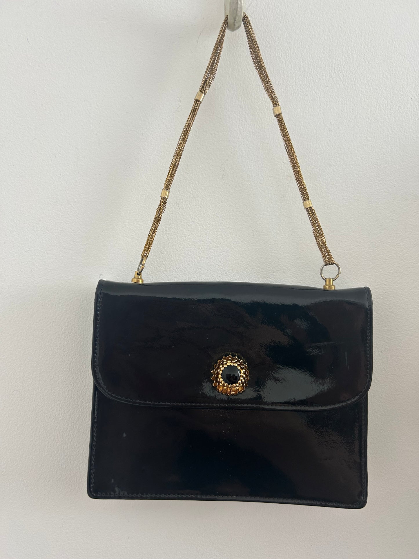 Vintage RARE Late 1960s UNUSUAL Black Patent Leather Chain Strap Handle With Screw Off Fastening