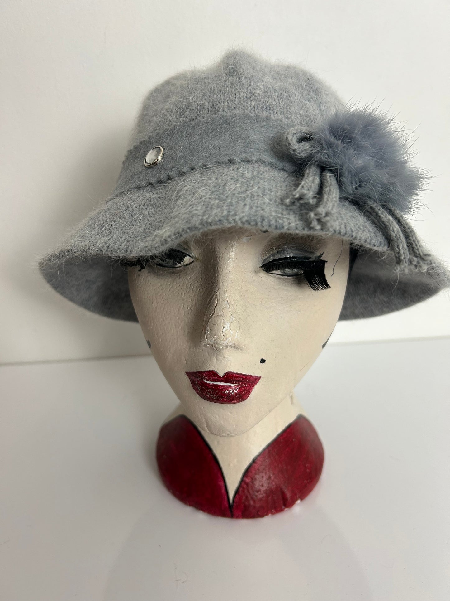 Vintage Grey Angora & Wool Mix Diamante & Felt Trim Trilby Style Hat
