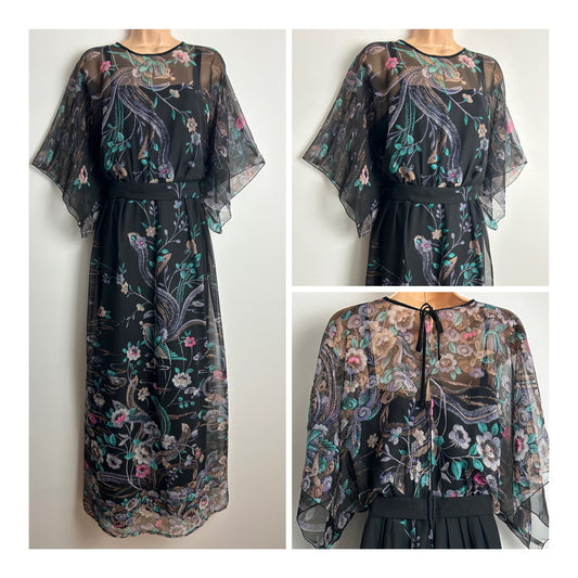Vintage Late 1970s Size 12 Black Teal & Pink Floral Print Chiffon Short Flared Sleeve Maxi Dress