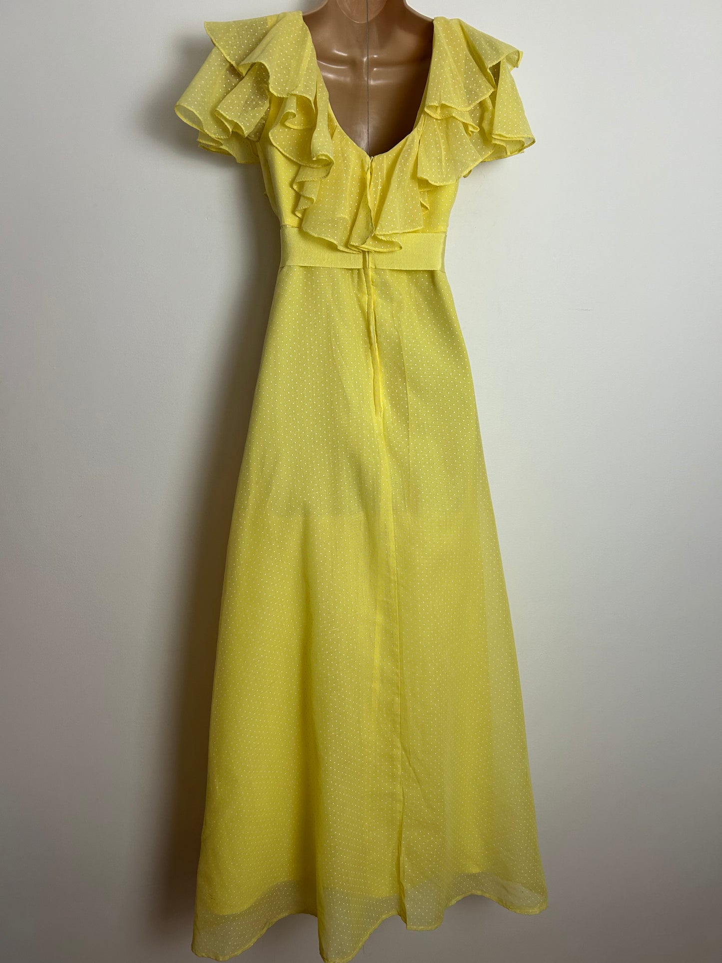 Vintage 1970s Size 6 Beautiful Lemon Polka Dot Ruffle Collar Short Sleeve Bow Detail Summer Maxi Dress