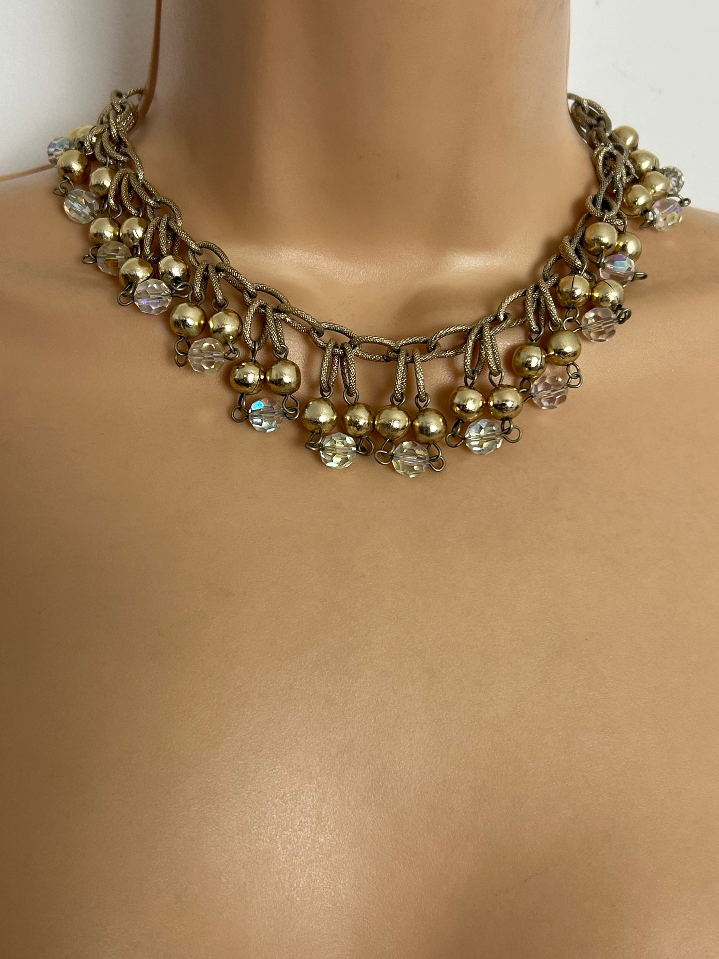 Vintage 1960s Gold Tone Base Metal Glass & Metal Bead Droplets Choker Necklace