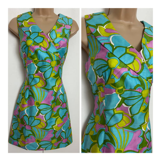 Vintage 1960s Size 8 Cute Turquoise Pink & Yellow Floral Print Cotton Mini Mod Dress
