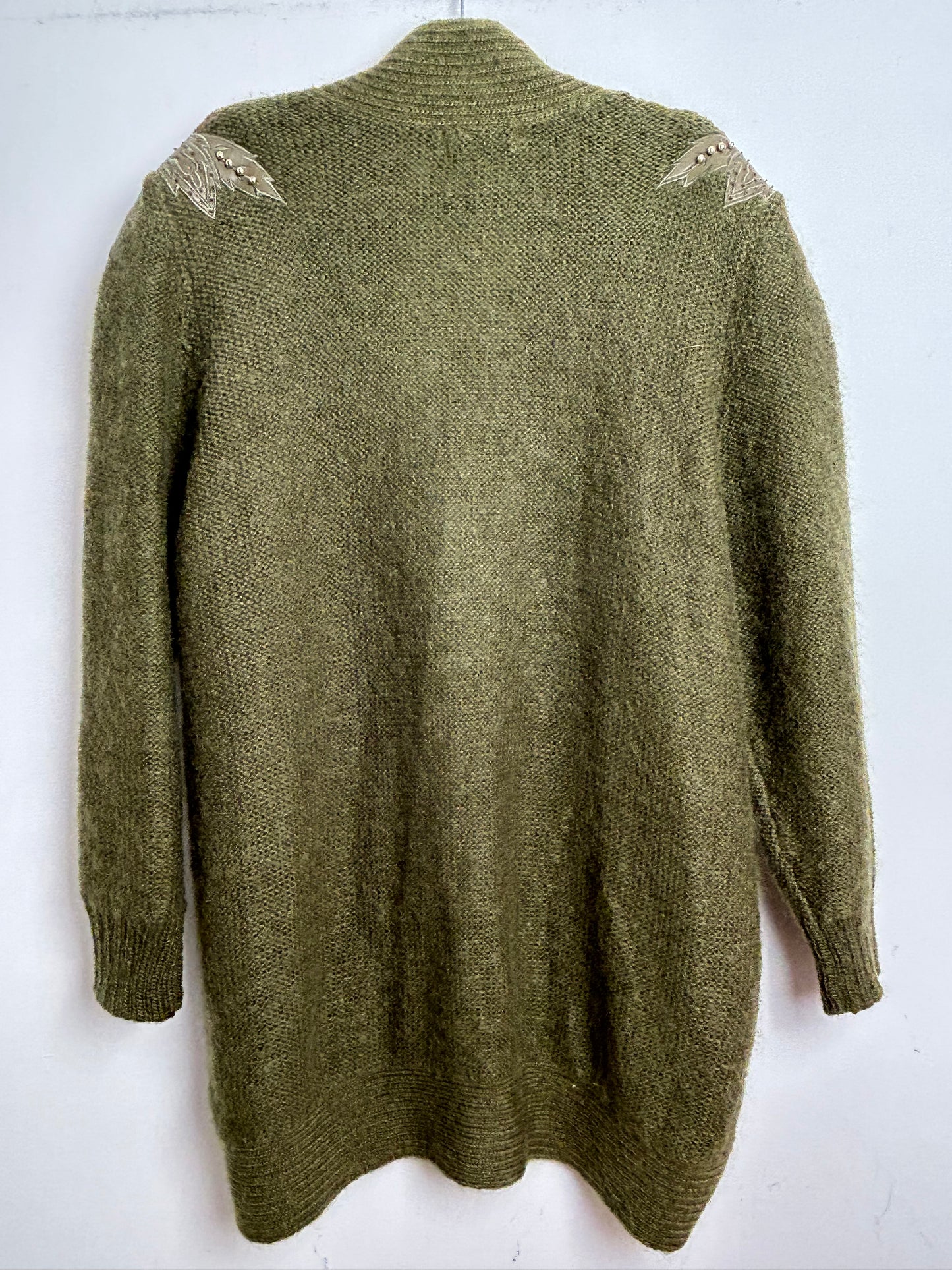 Vintage 1980s UP To Size 16 Olive Green Mohair Mix Leaf & Gold Bead Embellishment Open Fronted Cardigan