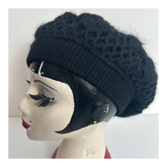 Vintage Black Crochet Wool & Angora Mix Beret Hat