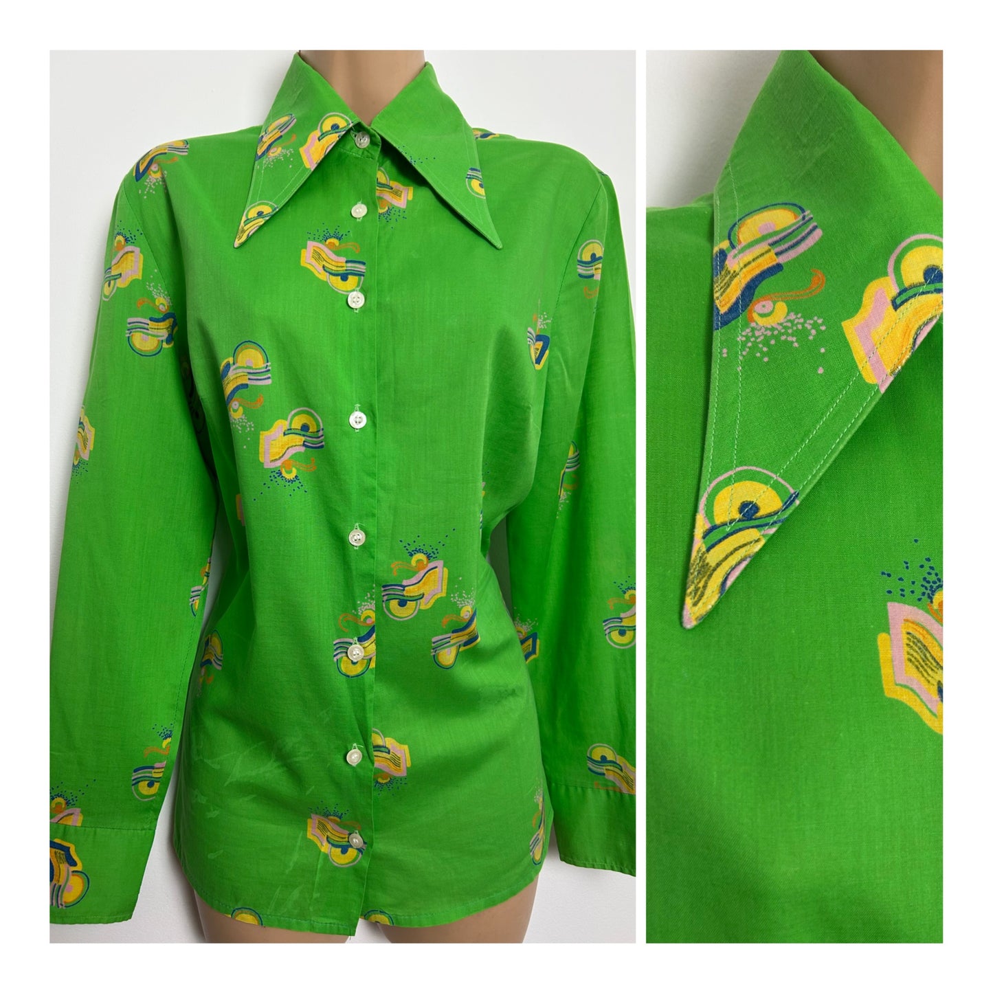 Vintage 1970s Size 12 Green Yellow Blue & Pink Abstract Print Dagger Collar Long Sleeve Cotton Mix Shirt