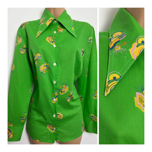 Vintage 1970s Size 12 Green Yellow Blue & Pink Abstract Print Dagger Collar Long Sleeve Cotton Mix Shirt