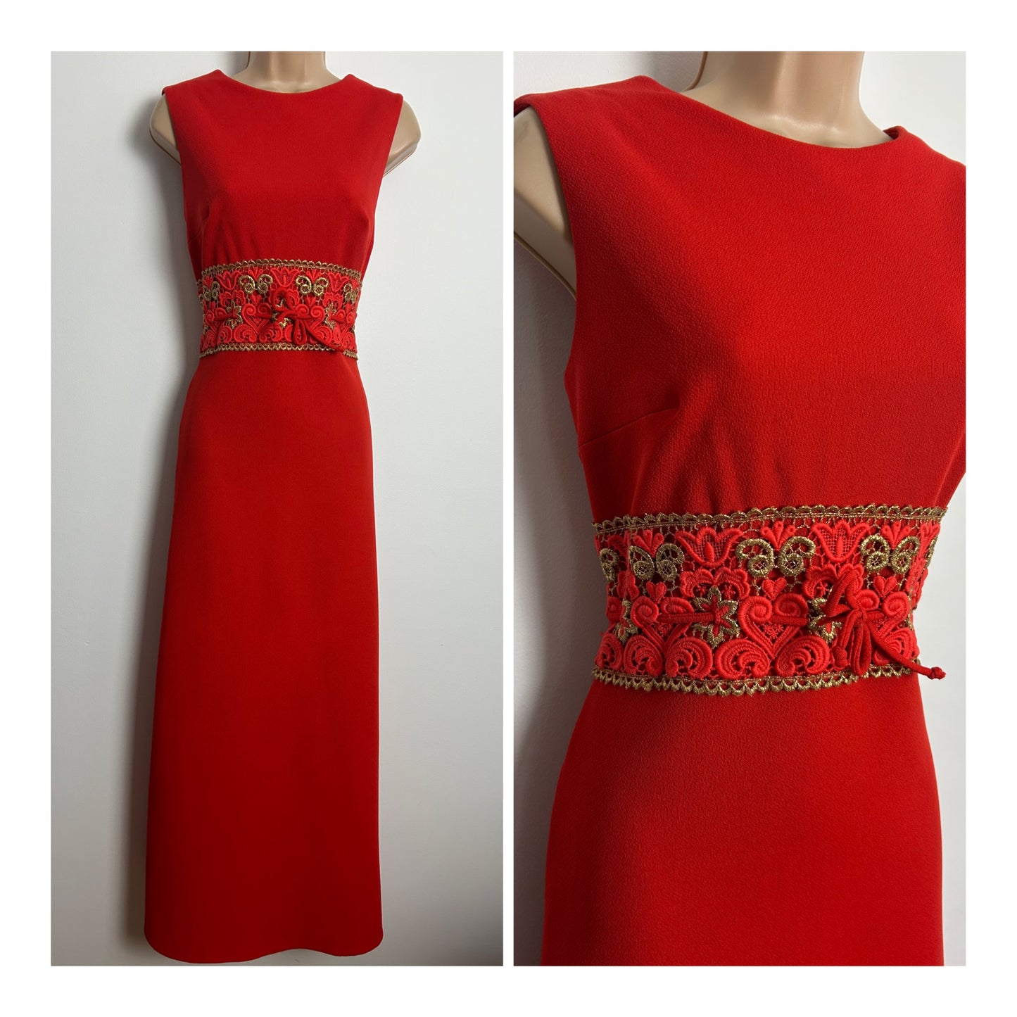 Vintage 1960s EMILIANA Size 10 Red & Gold Crimplene Lace Waist Panel Occasion Evening Maxi Dress