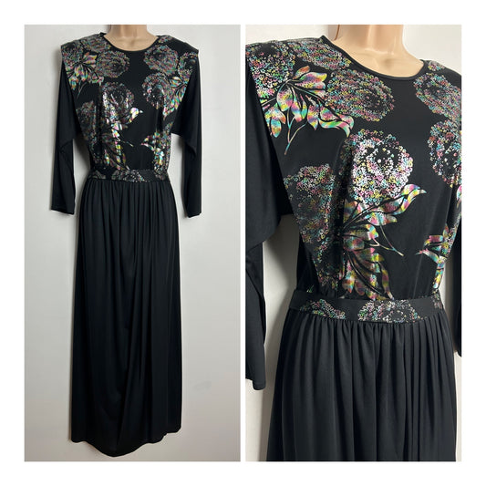 Vintage 1980s UK Size 10 Black & Metallic Silver Blue & Pink Floral Pattern Long Sleeve Belted Evening Dress