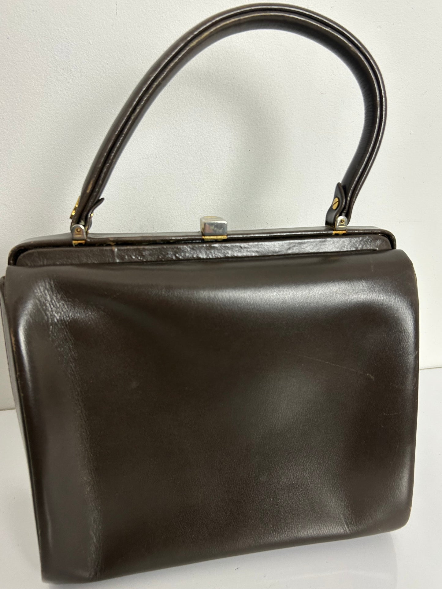 Vintage 1940s Dark Brown Leather Gladstone Style Boxy Handbag