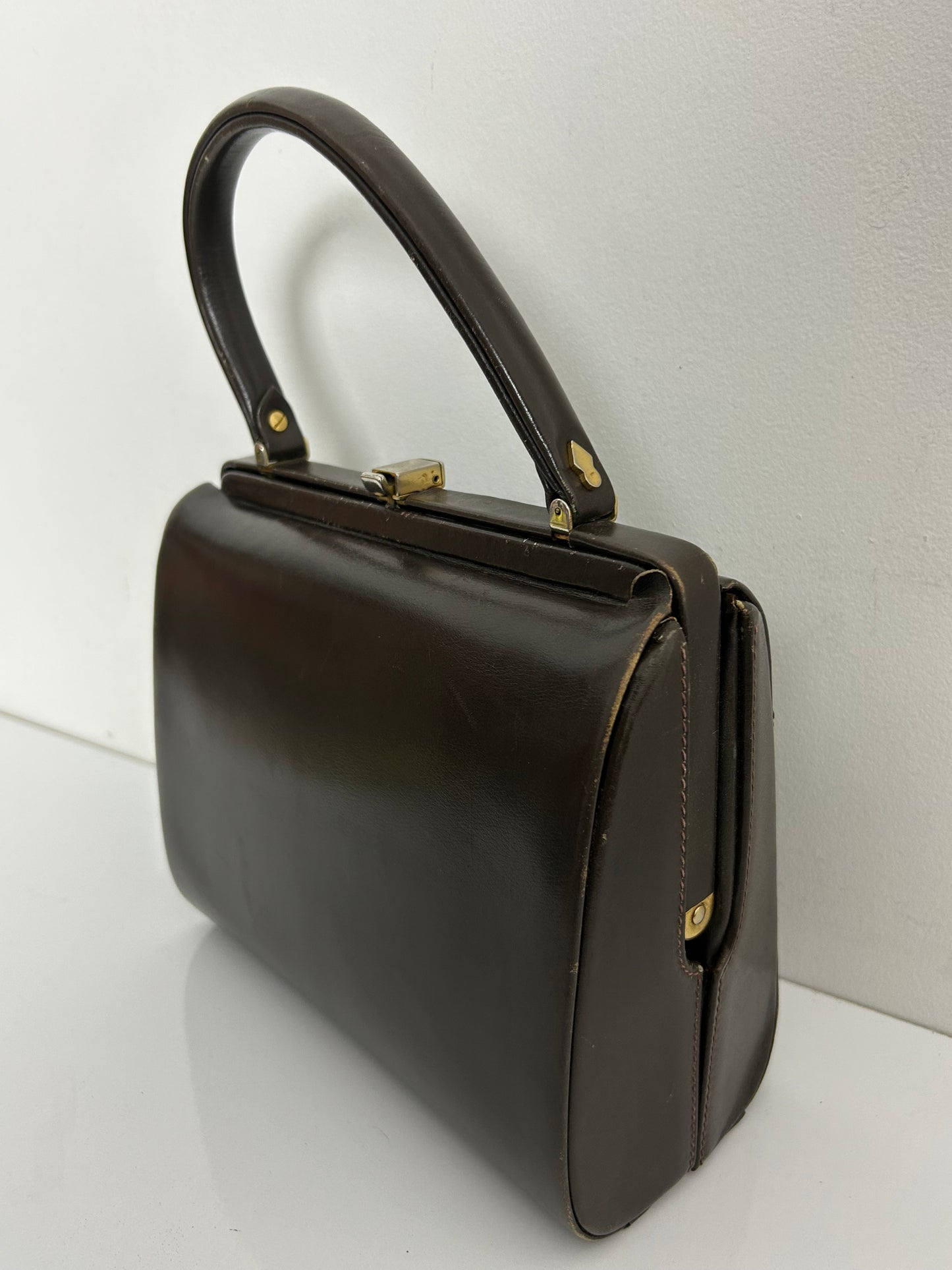 Vintage 1940s Dark Brown Leather Gladstone Style Boxy Handbag