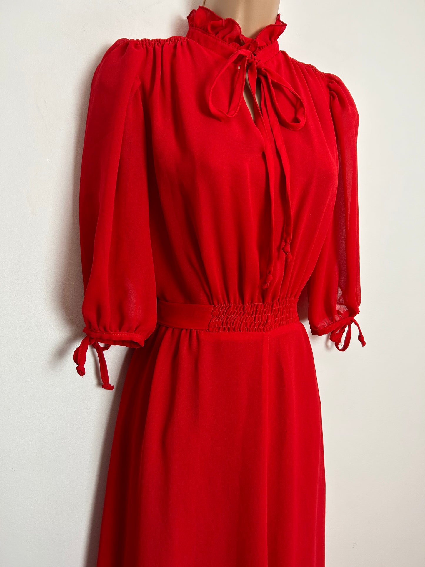 Vintage Early 1980s UK Size 10 Red Tie Back Mid Length Sleeve Tie Back Boho Maxi Dress