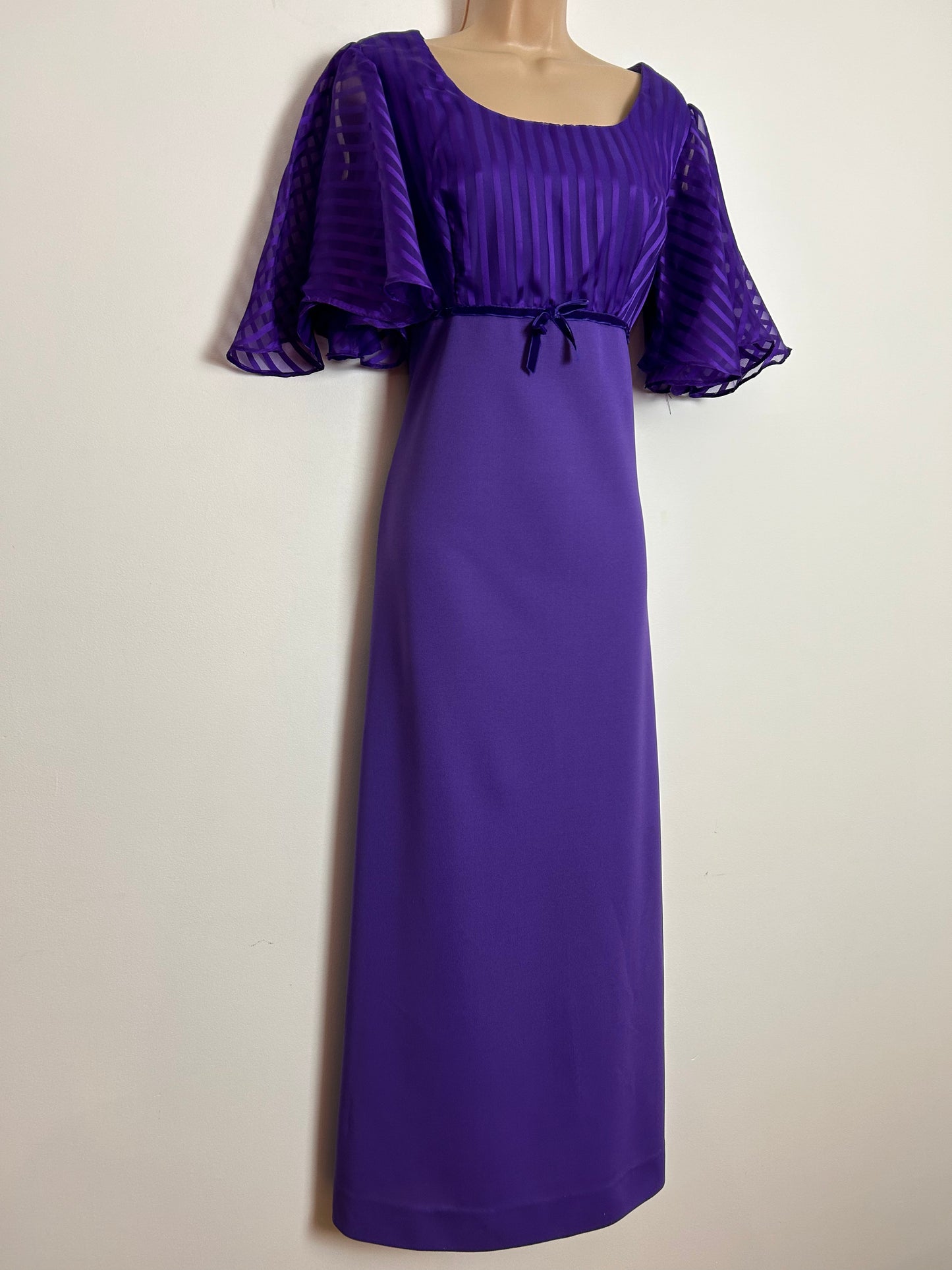 Vintage 1970s UK Size 12 Purple Stripe Chiffon Bodice Evening Occasion Maxi Dress