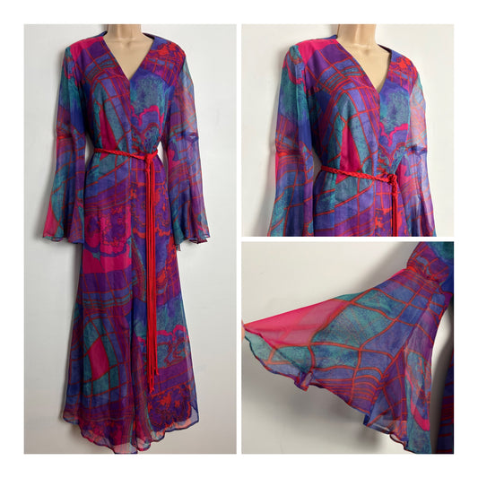 Vintage 1970s UK Size 12-14 Purple Pink Red Blue & Green Abstract Print Long Sleeve Flared Cuff Belted Maxi Dress