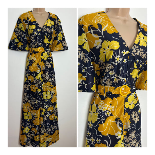 Vintage 1970s Size 14 Navy Blue Orange Yellow & Beige Floral Print Belted Short Sleeve Maxi Dress