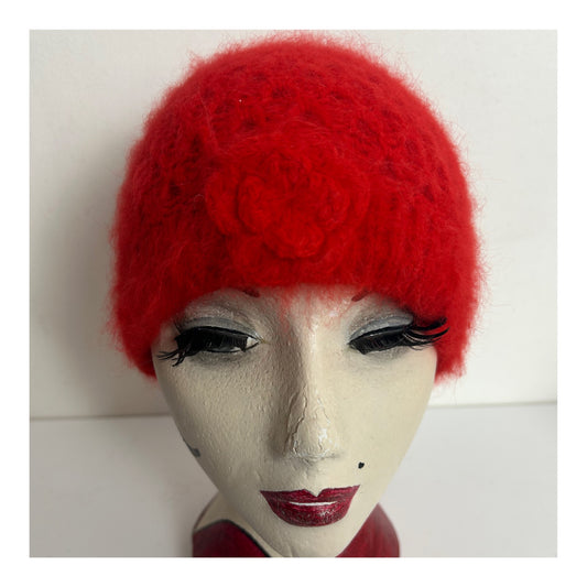 Vintage Cute Red Angora Mix Pull On Beanie Style Hat