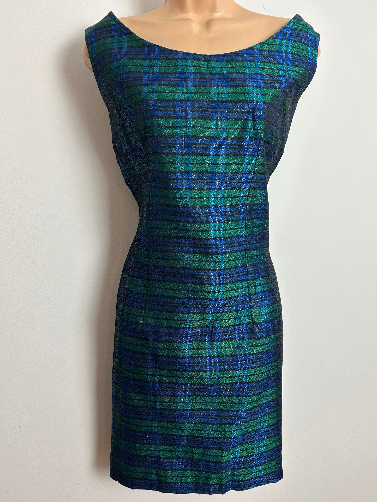 Vintage 1960s Size 12 Blue & Green Lurex Tartan Check Sleeveless Wiggle Party Dress