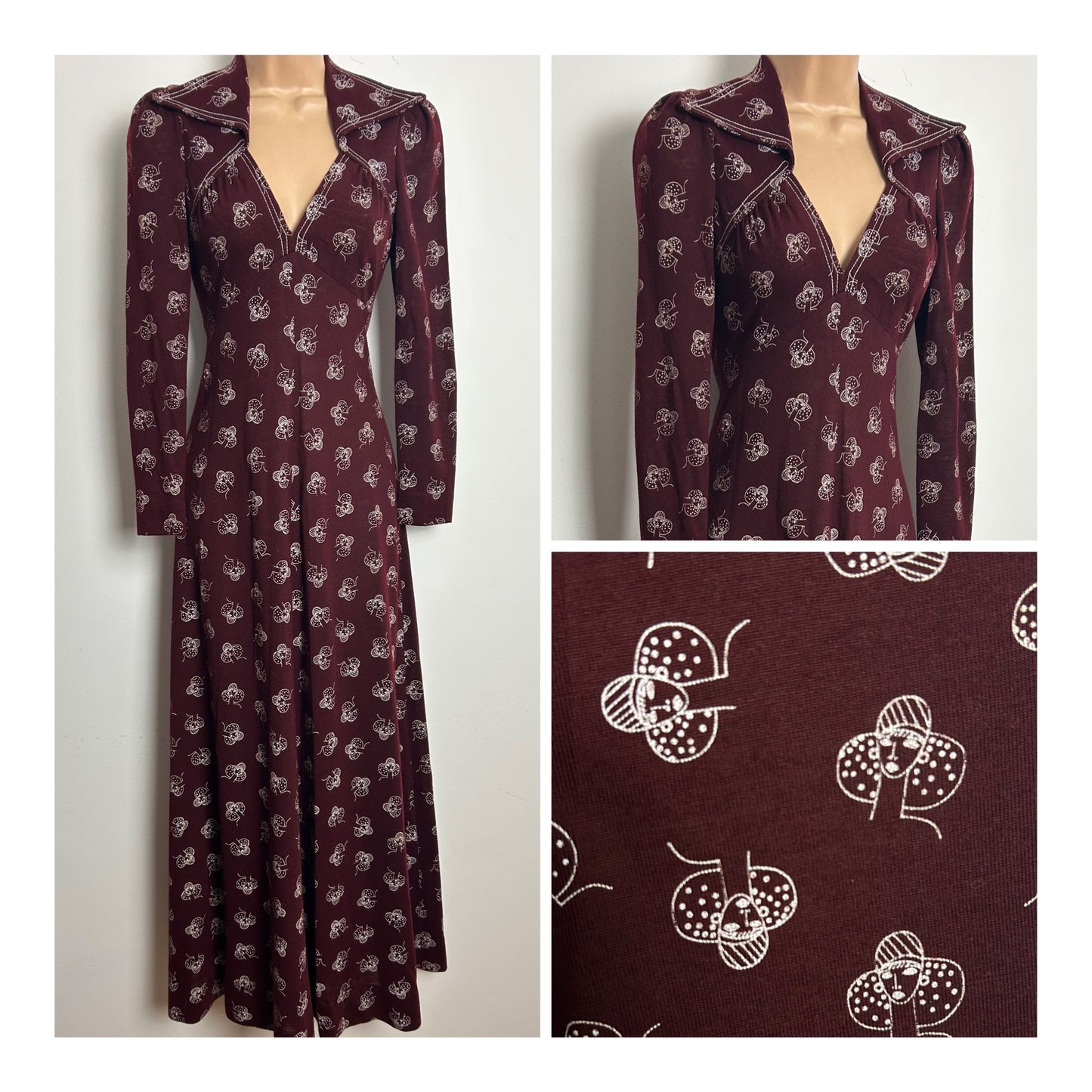 Vintage 1970s Size 6-8 Maroon Red Flapper Girls Face Novelty Print Long Size Jersey Maxi Dress