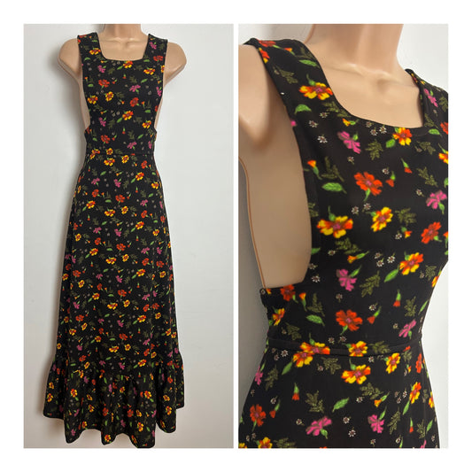 Vintage 1970s Size 6-8 Dark Brown Orange & Red Floral Print Pinafore Style Maxi Dress