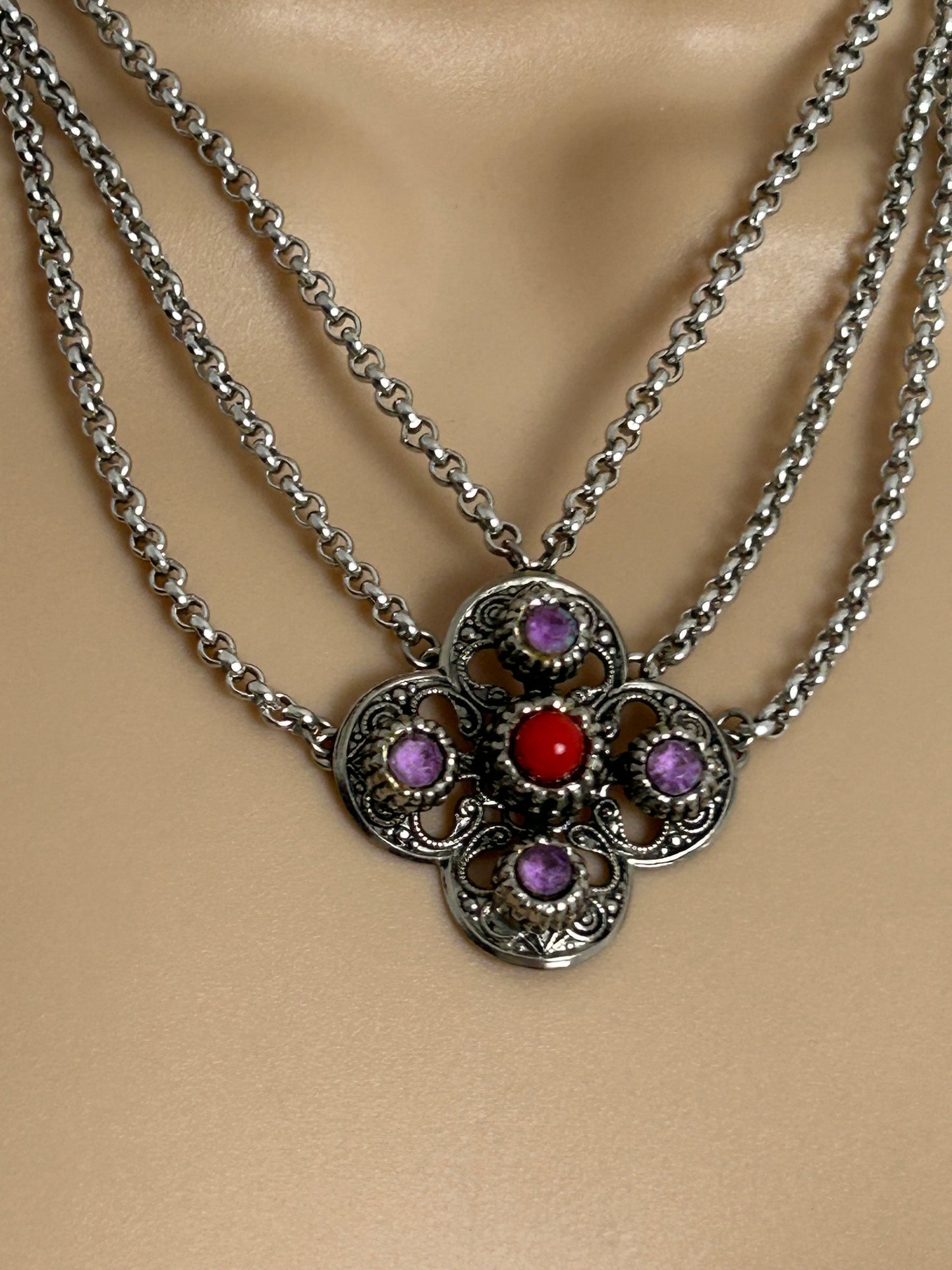 Vintage Silver Tone Base Metal Lilac & Red Stone Set Triple Chain Scottish Celtic Style Necklace