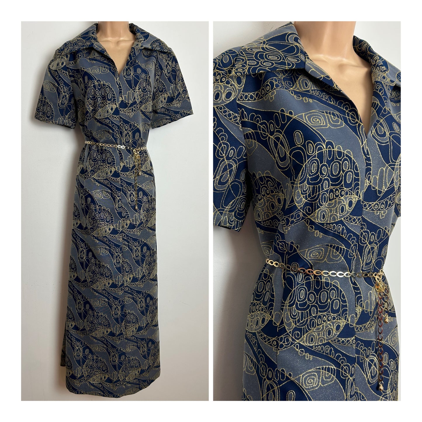 Vintage 1970s size 14 Blue & Gold Tones Abstract Print Belted Occasion Evening Maxi Dress